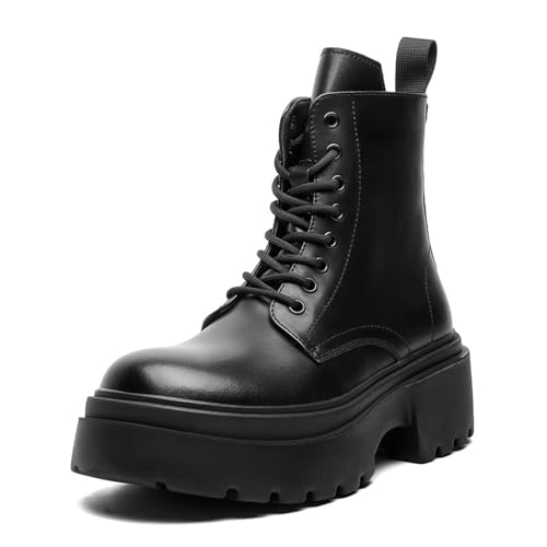 Men's Lace Up Chukka Boots Fashion Side Zipper Motorcycle Boots Leather Platform Lug Sole Comfortable Round Toe Ankle Boots Outdoor Combat Boots