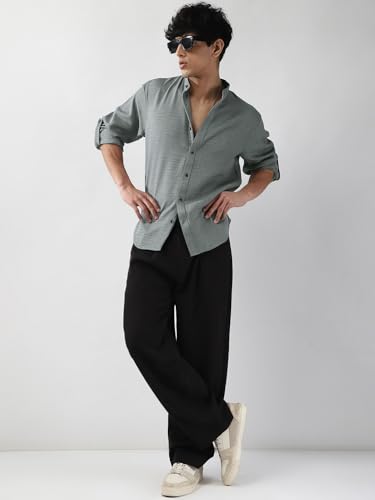Image of Urbano Fashion Men's Linen Blend Full Sleeve Relaxed Fit Mandarin Collar Casual Solid Shirt