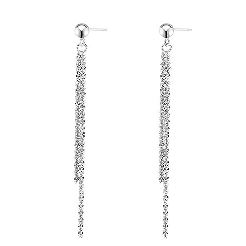 Silver Crystal Tassel Dangle Drop Earrings Rhinestone Crystal Linear Tassel Chain Earrings Long Sparkle Statement Studs Earring (Silver) (Silver)