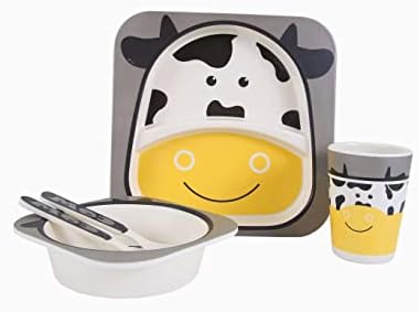 Thoneed Bamboo Kids Plate and Bowl Set | Matching Dishes for Toddlers Ages 1+ | 5 Piece Divided Dinnerware Set Includes Plate, Bowl, Cup & Utensils | Reusable, BPA Free & Dishwasher Safe (Cow)