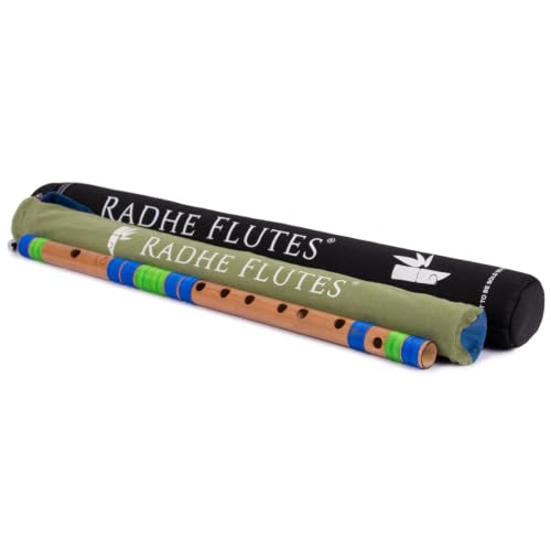 Image of Radhe Flutes Bamboo Bansuri C Sharp Right Handed Middle Octave (18 inch) With Hard Cover (Beige Flute With Blue & Green Threads)