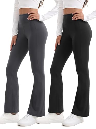 Shgiloo 2 Pcs Fleece Lined Flare Leggings with Pockets for Women High Waisted Thermal Winter Warm Yoga Pants for Workout Running