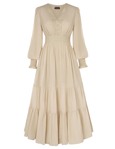 Damen Mittelalter Vintage A-Linie Kleid V-Ausschnitt Langarm Kleider mit Spitzenbesatz Camel S