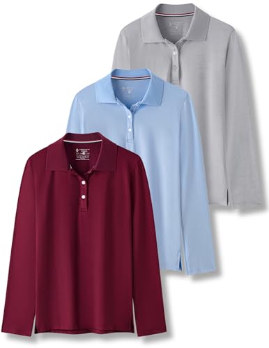 Image of Liberty Pro 3 Pack Youth Girls Long Sleeve Golf Polo Shirts | Collared Shirts, 3-Button Placket, Moisture Wicking Tops for Kids, Teens, School Uniform, Golf, Tennis