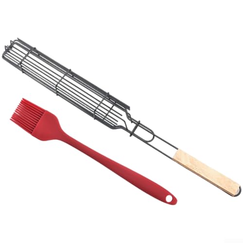 Cesta de parrilla con mango de madera para asar salchichas, perritos calientes y verduras con construcción de acero al carbono de 49 x 5 x 4 cm y sin revestimiento (E)