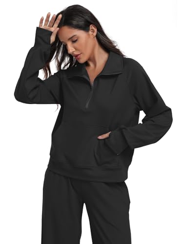 BLEVONH Fleece Sweatsuits Women 2 Piece Outfit Half Zip Sweatshirt Lounge Sets Wide Leg Sweatpants 2025 Tracksuit Black XL — view 4