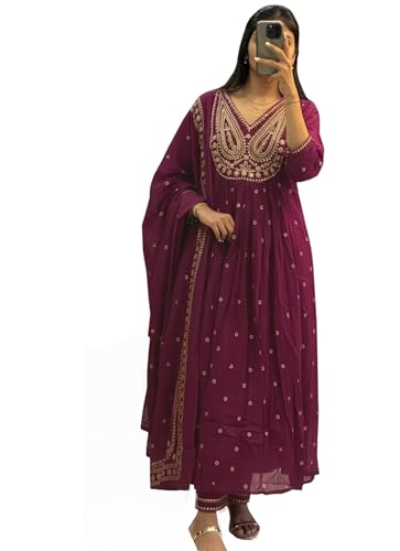 Image of ANNI Designer Women's Rayon Viscose Printed Embroidered Anarkali Kurta with Pant & Dupatta | Ethnic Kurti Set with Embroidery | Soft Comfortable Fabric | Stylish Outfit for Festive, Office