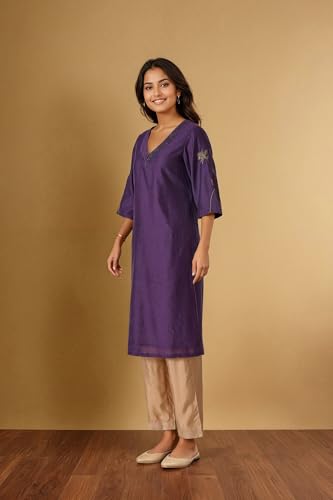 Image of Taneira Women Dark Violet Pure Silk Cotton Embroidered Kurta (KUAM35DVL-Dark Violet-L)