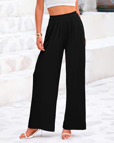 BTFBM Womens Casual Wide Leg Pants Summer Fall Clothes Pleated Elastic Waist Loose Palazzo Knit Trousers with Pockets3