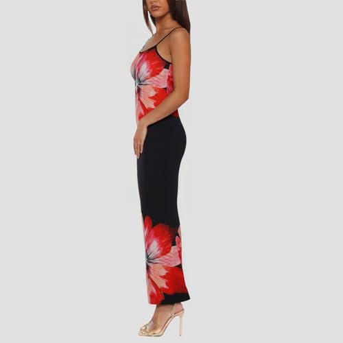 Image of Womens Summer Casual Floral Dresses Spaghetti Strap Bodycon Maxi Beach Dress Elegant Evening Party Long Dresses (US, Alpha, Medium, Regular, Regular, Black Apricot)