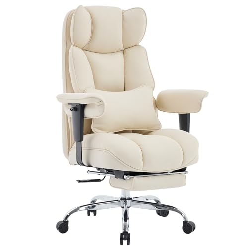Image of Efomao Executive Office Chair, Beige Fabric Big and Tall Desk Chair | Breathable fabric, pocket spring & foam seat, retractable footrest, 135 recline for computer gaming setup