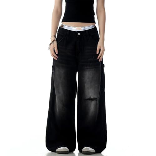 Men Distressed Hole Design Washed Wide Leg American Style Trousers Jeans2