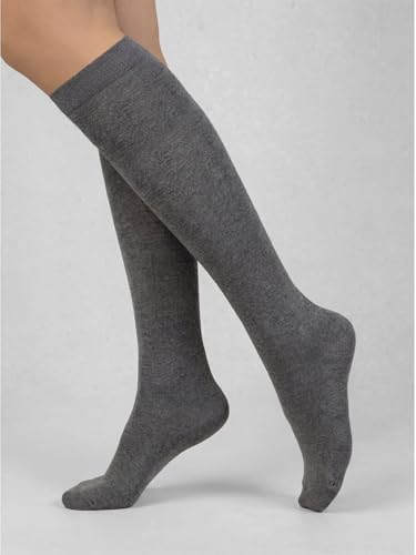 Image of COTTON DAY Women's Soft Combed Cotton Knee High Long Calf Dress Socks Seamless Toe Black White Gray Navy Blue Brown 3 Pack
