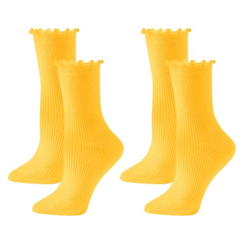 2 Pairs Cute Ruffle Socks Frilly Ankle Socks Warm Soft Crew Socks Casual Dress Socks Solid Color Knit Socks Short Boot Socks Socks Yellow