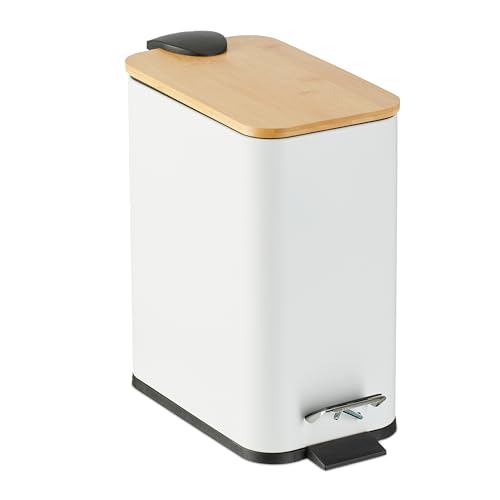 Relaxdays Poubelle de Salle de Bain, 5 litres, métallique, Seau intérieur Amovible, Couvercle en Bambou, Blanche