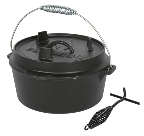 Dutch Oven 4,5 Liter von El Fuego®, 100% Gusseisen, inkl. Schürhaken und Tragebügel, Camping & Outdoor