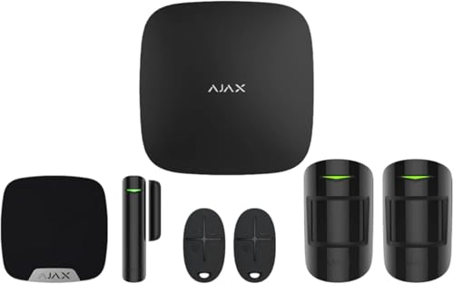 AJAX Kit 2G+LAN Inalámbrico Alarma StarterKit para Apartamentos, 2 Detectores de Movimiento, 2 Llaveros, 1 Sensor de Puerta, 1 Sirena, Tarjeta SIM, Garantía Oficial (Negro)