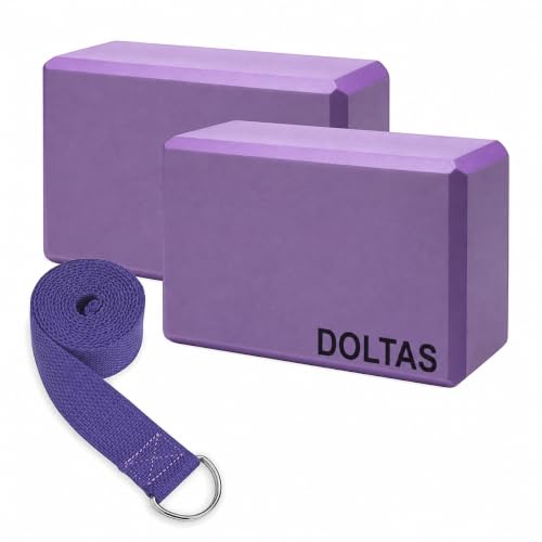 Image of DOLTAS High Density Foam Yoga Block Set of 2 with Yoga Strap - Non-Slip Lightweight Bricks for Improved Balance, Flexibility, Strength & Stability - Support for Pilates, Stretching & Meditation