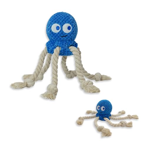 TONYFY Niedliche Meerestieren Hundespielzeuge mit Quietscher, Interaktive Plüschspielzeuge aus Baumwolle mit Knoten und Knisterpapier – für Welpen, kleine und mittelgroße Hunde (Blauer Oktopus)