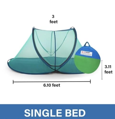 Image of Unique Handicraft Foldable Mosquito Net, Single Bed, Pop-Up Design, Teal Blue, 6.10 x 3.11 Feet