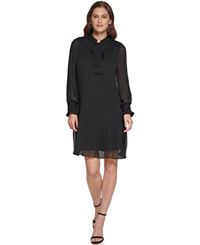 Image of DKNY Womens Long Sleeve Tie Neck Pleated Dress