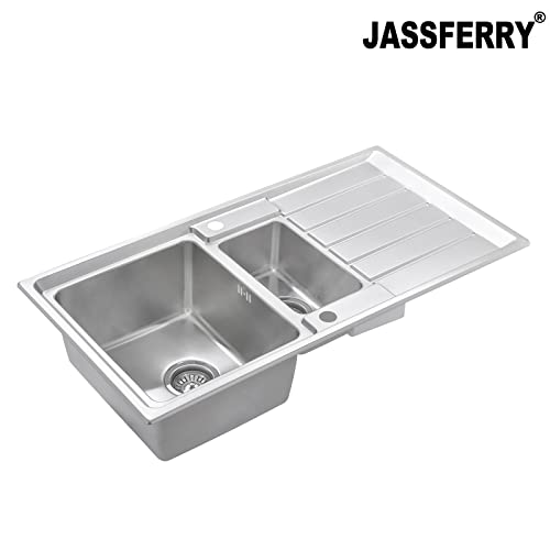 JASSFERRY Premium Kitchen Sink Stainless Steel 1.5 Bowl 970 x 500 mm Inset Reversible Drainer & Strainer Waste Pipes Clips