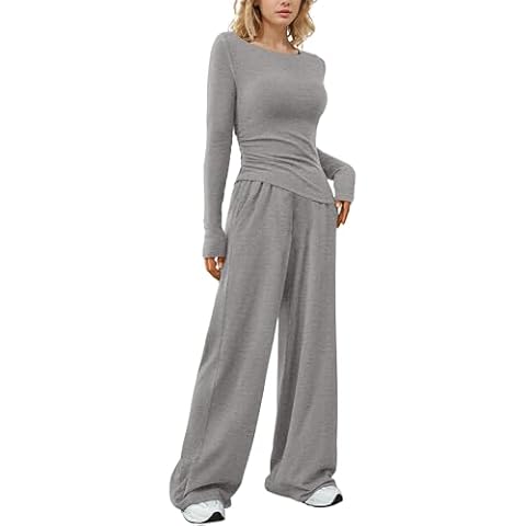 LICOBOD Asymmetrical 2 piece lounge set women long sleeve travel Outfits Comfy Loungewear Wide Leg Pants Casual Tracksuit Cover