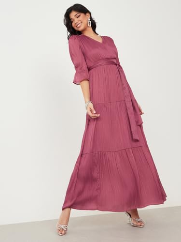 Image of Styli Women Dress V-Neck Party Occasion Slit Sleeves Self Design Tiered Dress | Stylish One Piece Long Dress for Women | Casual, Party