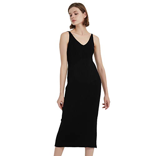 Image of Women's Sleeveless Sweater Dress Knit Slim V Neck Bodycon Midi Stretchable Elasticity Slim Fits
