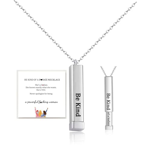 Be Kind Of A B Necklaces For Women, To Best Friends Sorority Sisters Inspirational Square Tubes Pendant With Hidden Message Stainless Steel Band Friendship Gift Jewelry (Be Kind Of A Badass, Silver)