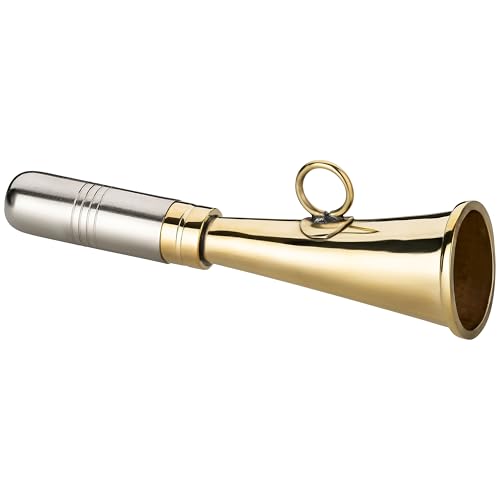 Classica tromba in ottone lucido con un piccolo anello per il fissaggio di una corda.
