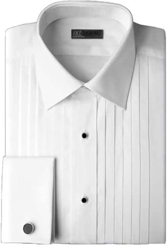 White IKE Behar Cotton Laydown Collar with 1/2 Inch Pleats Tuxedo Shirt with French Cuffs