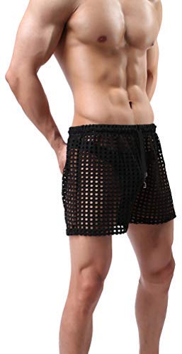 Linemoon Men's Mesh Shorts Sexy Lounge Hollow Boxer Underwear Black, Large - Image 5