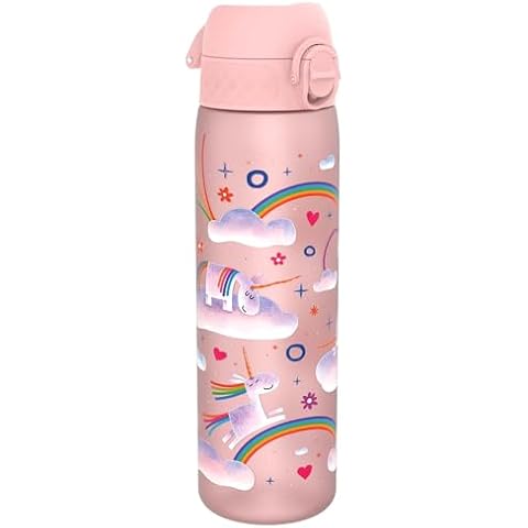 Ion8 Water Bottle, 500 ml/18 oz, Leak Proof, Easy to Open, Secure Lock, Dishwasher Safe, BPA Free, Flip Cover, Carry Handle, Easy Clean, Odor Free, Carbon Neutral, Pink, Unicorn Rainbows Design Cover