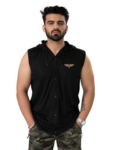 Blisstone Men's Sleeveless Hooded T-Shirt with Front Button Closu...