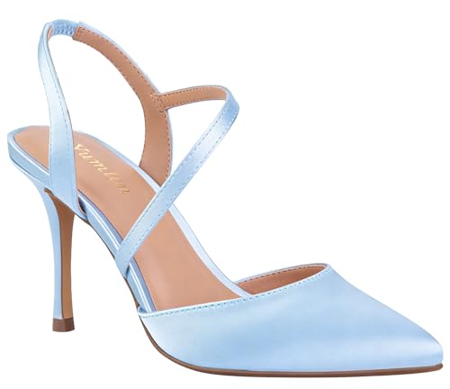 Yumlon Women's High Stiletto Heel Pump Shoes, 3.3 Inch Ankle Strap, Lightblue, 8.5 US