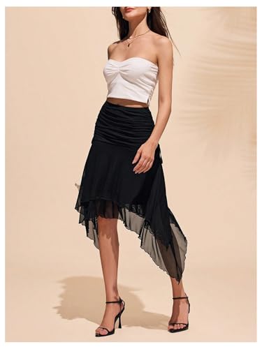 Women's Flowy Asymmetrical Skirt High Waisted Mesh Ruched Flared Midi Skirt Y2k Bodycon Coquette Skirts3
