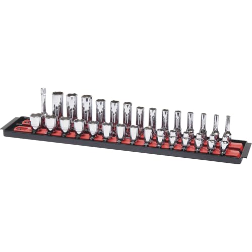 Image of Ernst Manufacturing - 8453 Socket Boss 2-Rail 3 /8-Inch-Drive Socket Organizer, 19-Inch, Red - Socket Storage Tray and Organization System for Mechanics and Automotive Service Technicians