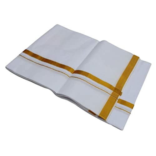 Cotton with Gold Zari Border Double Layer Dhotis with Angavastram for Men | Solid White with Gold Zari Border Dhoti | Cotton Dhoti 8 x 42