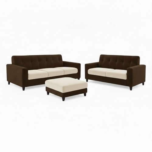Image of Homeboy Luxe Velvet-Suede Fabric 3 + 2 Seater with Ottoman Dual Tone Sofa Set | Comfortable & Spacious Seating for Upto 6 Person | Modern Sofa Set for Living Room - Dark Brown & Cream