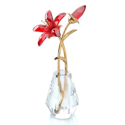 Crystal Tiger Lily Flower with Vase Metal Stem Red Lily Flower Collectible Gifts for Mom, Glass Lilium Floral Artificial Figurines for Home Wedding Party Decor