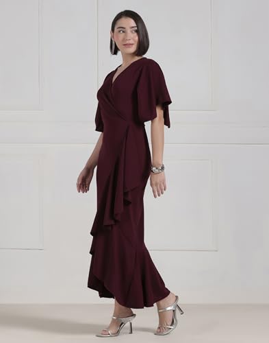 Image of Selvia Wine Flutter Sleeve Bodycon Midi Dress for Women, V-Neck Ruffle Hem Outfit