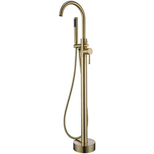 KOJOX Floor Mount Bathtub Faucet Freestanding Tub Filler Brushed Gold Standing High Flow Shower Faucets with Handheld Shower Mixer Taps