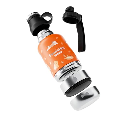 Pawbottle® Thermoflasche mit 2 Näpfen – Trinkflasche für Hunde & Katzen (960 ml + 2×100 ml, Orange) + Schnellverschlussdeckel geschenkt