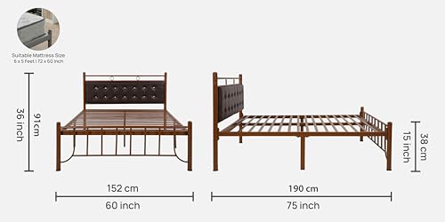 Image of Zuno Metal Queen Size Bed Without Storage | Wrought Iron Double Bed with Headboard & Footboard | Sturdy Powder Coated Platform Bed Queen Size Cot for BedroomLivingRoom Brown (75x60)