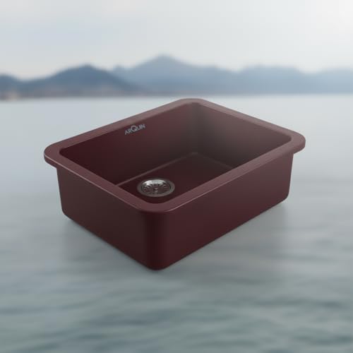 Image of ARQUIN Quartz Sink 24x18x9 Inch Brown Round Corner | Single Bowl Sink | Durable & Scratch-Resistant | Undermount /Topmount Including Coupling, Waste Pipe & Fruit Washing Basket