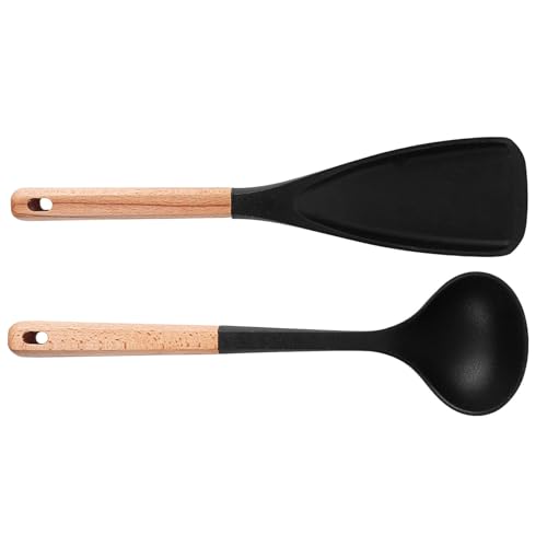 Cucharas de cocina de silicona, cuchara de espátula con mango de madera, 35 x 12,1 cm, herramienta de cocina resistente al calor con bordes lisos para recoger, voltear, remover y servir