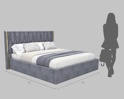 Image of Modern Upholstered King Size Bed with Box Storage for Bedroom | Wooden Double Bed with Storage | Platform Cot Bed with Upholstery Premium Fabric | Solid Sheesham Wood, (Grey), 6.5 x 6 Ft
