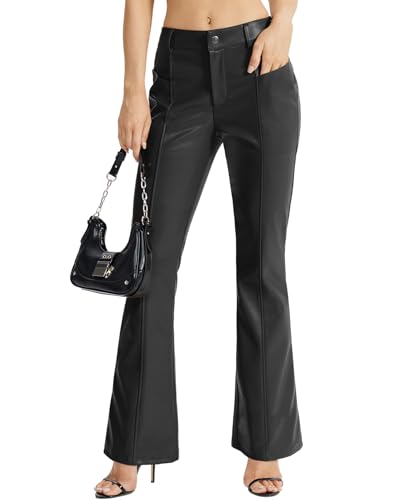 VILIGO Black Leather Pants Women Button Faux Bootcut Leather Pants Flare Jeans PU Trousers with Pockets 4