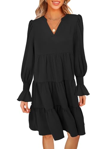 MEROKEETY Women's 2025 Long Sleeve Midi Dress V Neck Flowy Swing Ruffle Tiered Fall Casual Dresses, Black, M